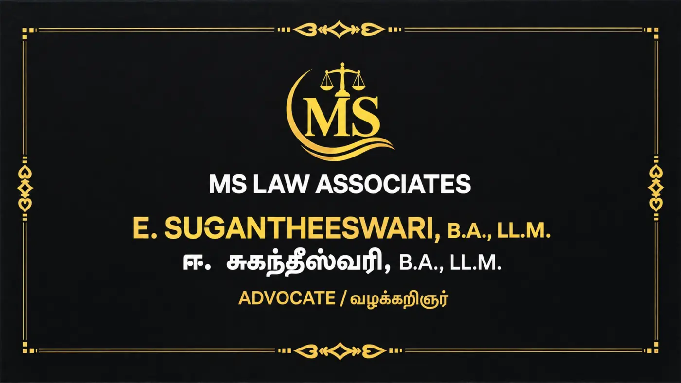 MS Law Associates visiting card: E. Sugantheeswari, B.A., LL.M., Advocate